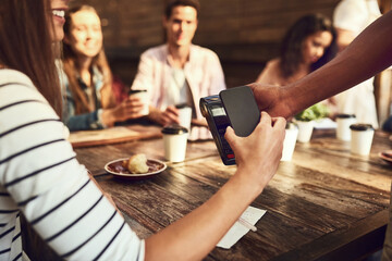 Woman, phone and restaurant for payment with mobile app, pos machine and bill for lunch or meal in...