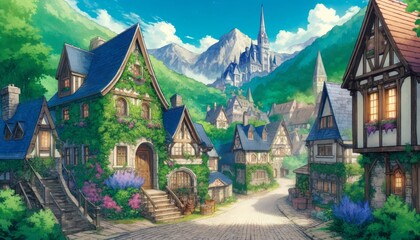 Obraz premium A whimsical village in lush valley, featuring charming cottages with ivy walls and cobblestone streets.
