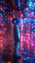 Fototapeta premium Kid in Virtual Reality World with Neon Lights