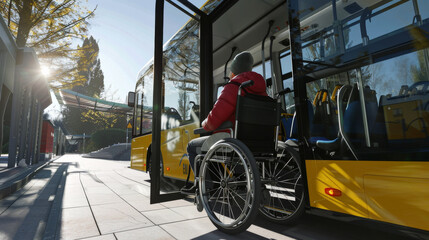 Obraz premium A person in a wheelchair boarding a modern, accessible bus on a sunny day, showcasing inclusivity and mobility.