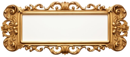 Isolated on a white background there is a rectangular wooden frame with ornate gold gilding offering space for adding images. Copy space image. Place for adding text and design