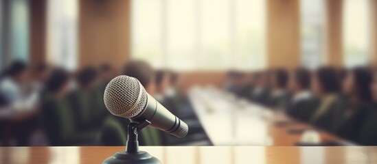 A focused microphone with a blurred conference room devoid of an audience in the backdrop providing ample copy space image