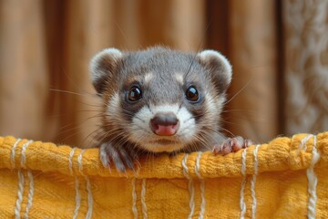 Baby Ferret: A sleek baby ferret, peeking out from behind a curtain in a living room.