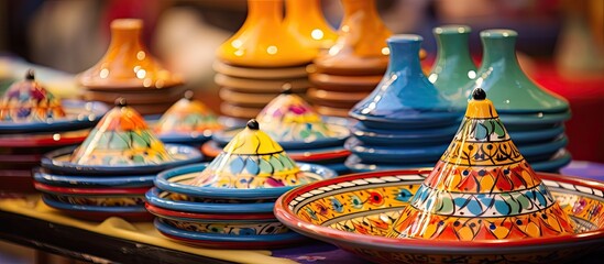 Brightly colored Moroccan dish souvenirs on display in a shop with space for adding text or another image in the background. Copy space image. Place for adding text and design