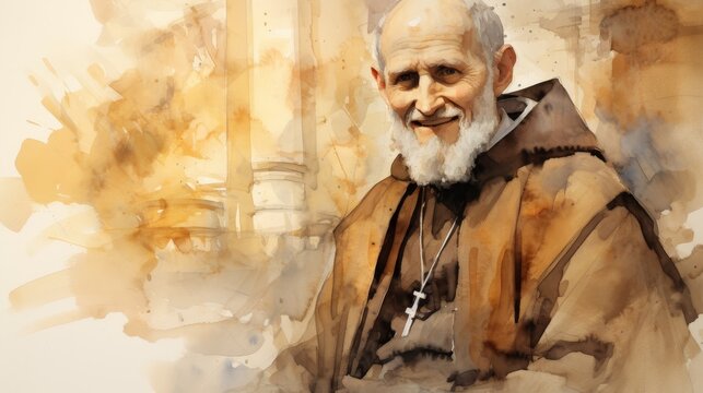 St. Philip Neri in Moment of Joy with Background of Rome, Biblical Illustration, Beige Background, Copyspace , Biblical Illustration,Christian banner