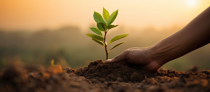 Care for a small coffee tree sapling by hand against a serene natural evening background with copy space image