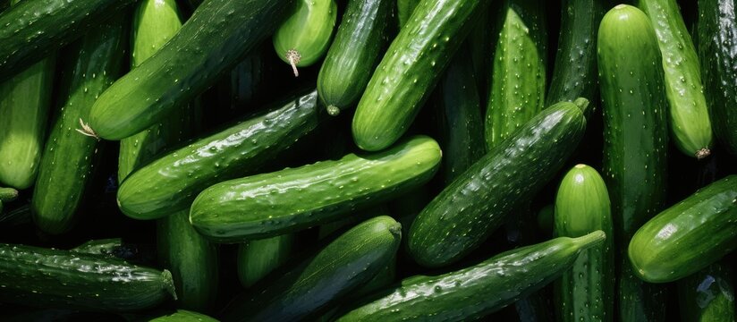 Local market stalls offer fresh long green organic Armenian cucumbers in hot weather known as kakri in the Pakistani language with copy space image