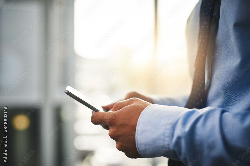 Aufkleber hands, business and man with phone in office for networking research, information and brainstorming 