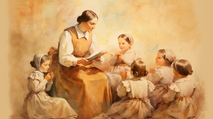 St. Mary MacKillop Teaching Children in 19th-Century Australia, Biblical Illustration, Beige Background, Copyspace , Biblical Illustration,Christian banner © T Studio