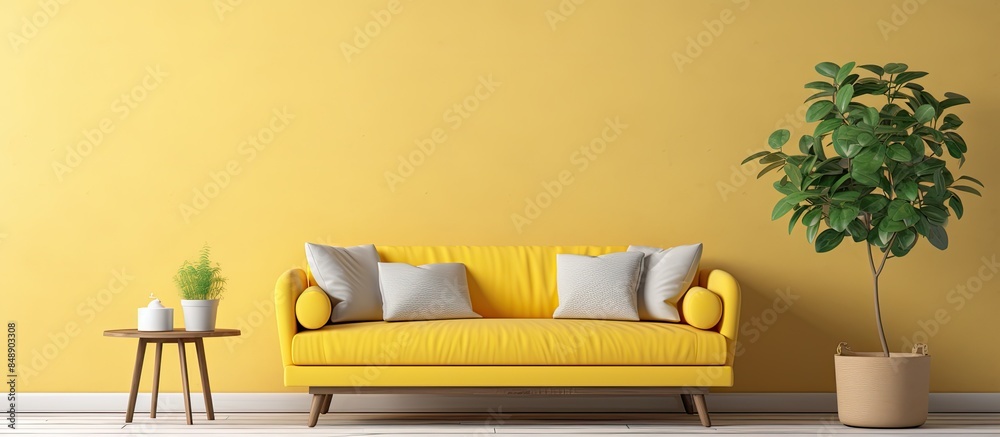 Sticker A cozy retro style living room featuring a yellow sofa mock up poster frame coffee table plants pillows and elegant personal accessories with a template for adding a copy space image