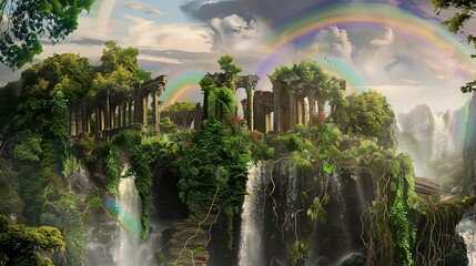 Ancient ruins overgrown with vines on a floating island, waterfalls and rainbows, long shot, evening light. 