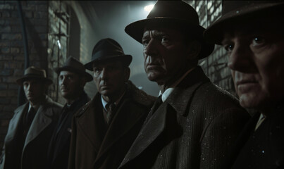 A group of gangsters are standing and looking at the camera on a night street. Mafia, family, group of criminals