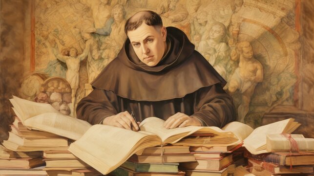 St. Thomas Aquinas in Scholarly Setting Surrounded by Books and Divine Light, Biblical Illustration, Beige Background, Copyspace , Biblical Illustration,Christian banner