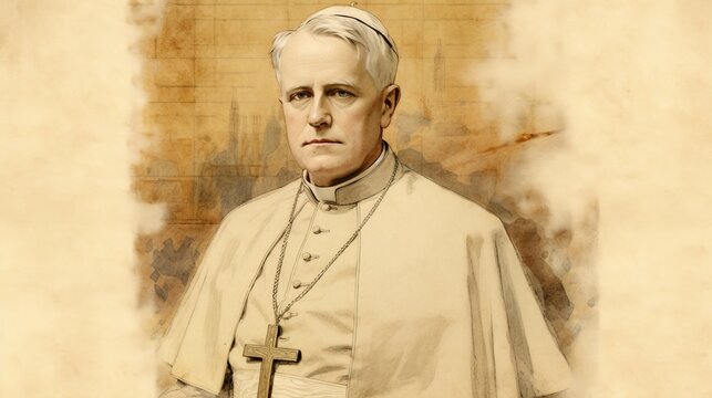 St. Pius X in Papal Robes at 20th-Century Vatican, Biblical Illustration, Beige Background, Copyspace , Biblical Illustration,Christian banner