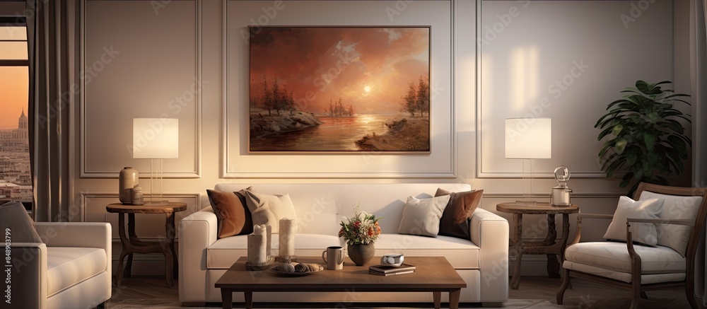 Canvas Prints A cozy living space with modern decor and a comfortable sofa welcomes you into the room highlighted by elegant artwork on the walls creating a warm and inviting ambiance with copy space image