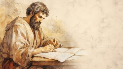 St. Luke the Evangelist Writing in 1st-Century Church, Biblical Illustration, Beige Background, Copyspace , Biblical Illustration,Christian banner