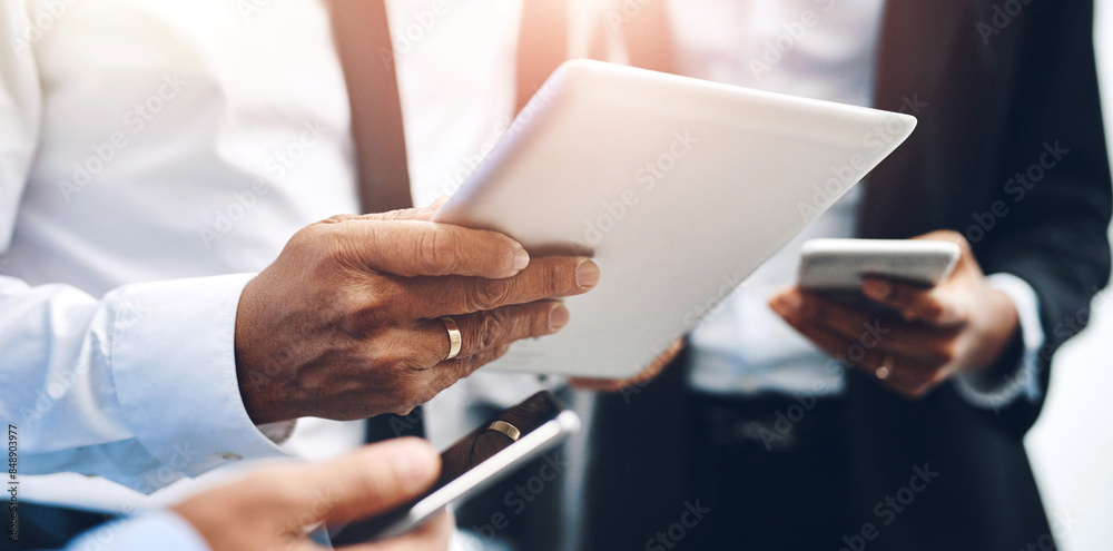 Poster business people, hands and technology with tablet, smartphone and internet with digital app. teamwor