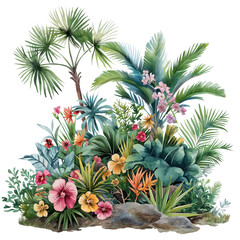 Flower bush shrub tree plant tropical jungle in watercolor style isolated on transparent background.