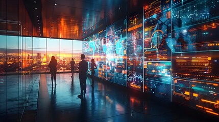 Fototapeta premium Modern Office with Interactive Digital Walls and Collaborative Technology for Business Communication and Networking