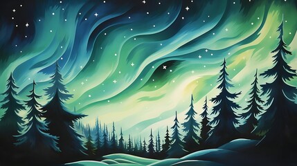 a serene forest scene with a variety of green trees, including pine and green trees, set against a backdrop of a starry night sky