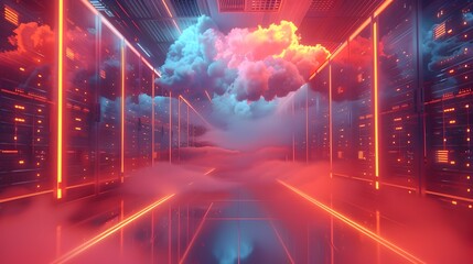 Futuristic Data Center with Glowing Servers and Digital Clouds Representing Cloud Computing Concept