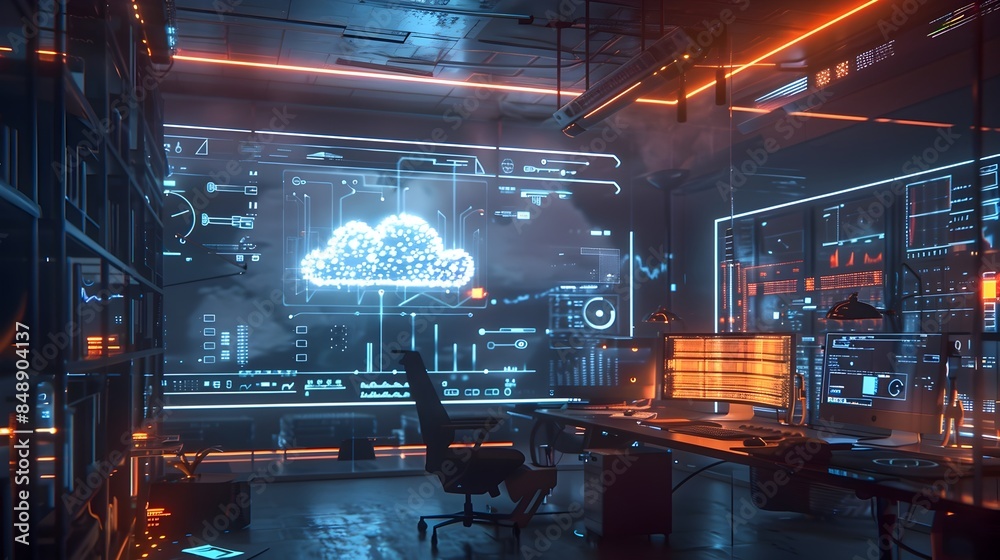 Poster futuristic workspace with holographic cloud computing and data analytics displays