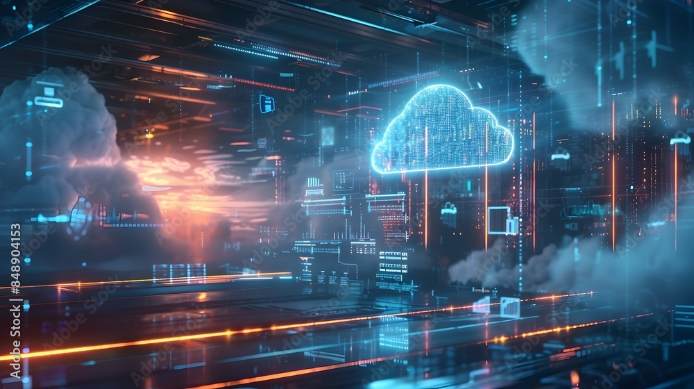 Poster futuristic workspace with holographic cloud computing and real time data analytics