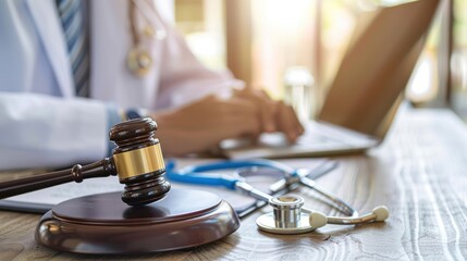 Close-up of the wooden gavel and stethoscope on desk with male doctor using a laptop. Concept of medical law and medical crimes.