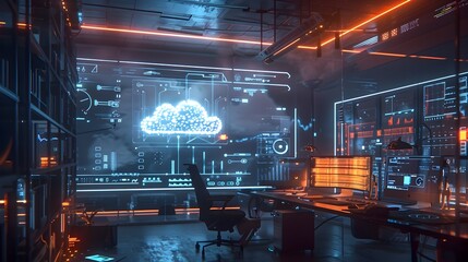 Futuristic Workspace with Holographic Cloud Computing and Data Analytics Displays