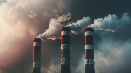 Three industrial smokestacks emit thick plumes of smoke against a dramatic sky, symbolizing pollution and environmental impact.