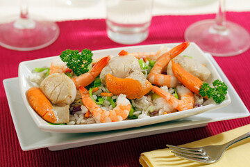 Scallops salad with rice.