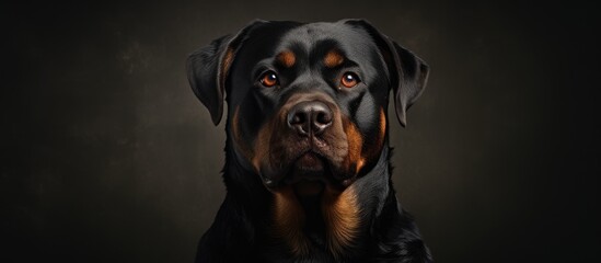 Obraz premium Portrait of a Rottweiler in a dark photography studio with copy space image