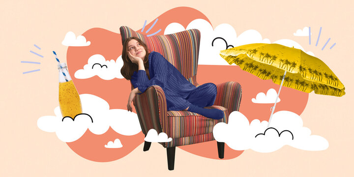 Contemporary art collage. Woman sitting in chair and thinking about vacations surrounded clouds as dreams with cocktails and umbrellas. Concept of dreams, imagination, education, leisure, big future.