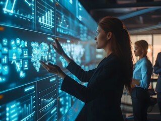 Businesswoman Presenting Digital Communication Strategy on Holographic Screen with Engaged Colleagues