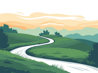 white background, The Long Winding Road on Hill Flat Vector Image showcases a scenic route snaking through rolling hills, offering a picturesque journey through the countryside., very simple Ai art