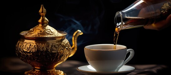 Saudi Arabian traditional coffee being served in a dallah on a dark backdrop perfect for a copy space image