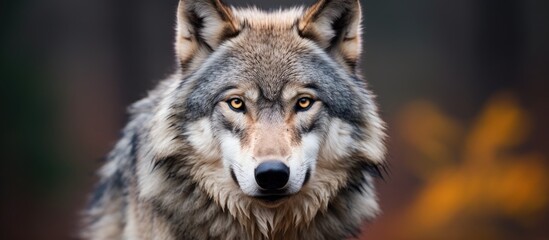 Wildlife conservation concept portrayed in a captivating image of a gray wolf with a mesmerizing gaze and copy space image included