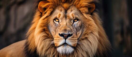 Fototapeta premium African male lion headshot with a captivating gaze set against a copy space image