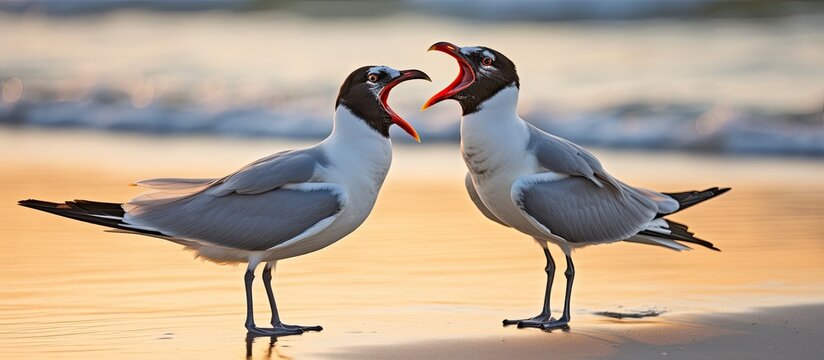 Two Laughing Gulls appear to be performing a comedy act on the sandy shore in a copy space image