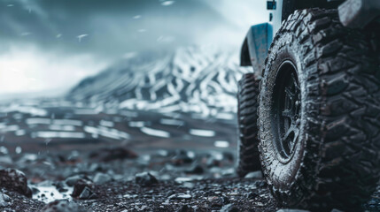 Large off-road tires of a rugged vehicle set in a dramatic, snowy mountain terrain, hinting at an adventurous journey ahead.