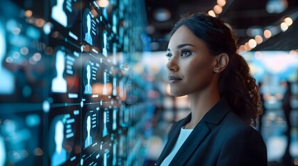 Businesswoman Leading Virtual Conference with Holographic Participants and Digital Communication Lines