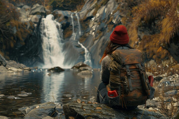 view back woman wearing red beanie sits rock overlooking cascading waterfall rugged, mountainous landscape. towards water enjoying serene beauty nature. nature adventure hiking at one with nature 