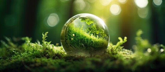 Green planet concept shown in a glass globe on grass with moss in a forest featuring a blurred background of abstract bokeh lights for an environmental conservation theme with copy space image