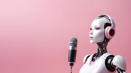 AI robotic vocalist. Concept of AI generated song or music. Оn a light background, copy space