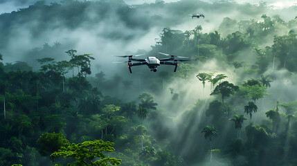 Fototapeta premium fog in the forest, with a Fpv drone, Fpv, Fpv drone 