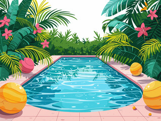 A cartoon drawing of a pool with a yellow ball and a pink ball in the water. The pool is surrounded by palm trees and flowers