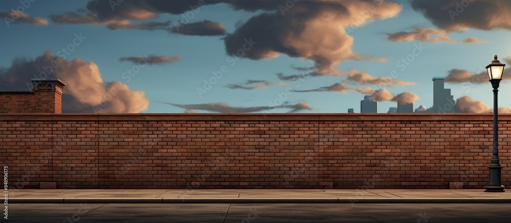 Poster Brick wall and columns with a cloudy sky a street lamp and a modern building in the background creating an urban street scene with copy space image