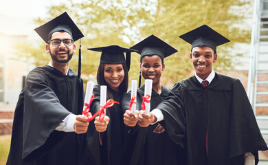 Graduation, friends and certificate portrait with university, education and school event with...