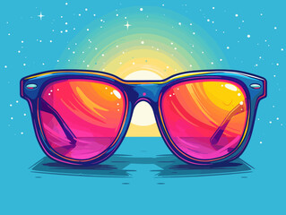 colorful sunglasses against the background of the sun and blue sky vector illustration