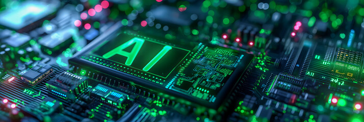 Green AI text with digital and futuristic elements that glow in the dark is one example of an artificial intelligence banner technology based on data science and innovation in internet cyberspace.